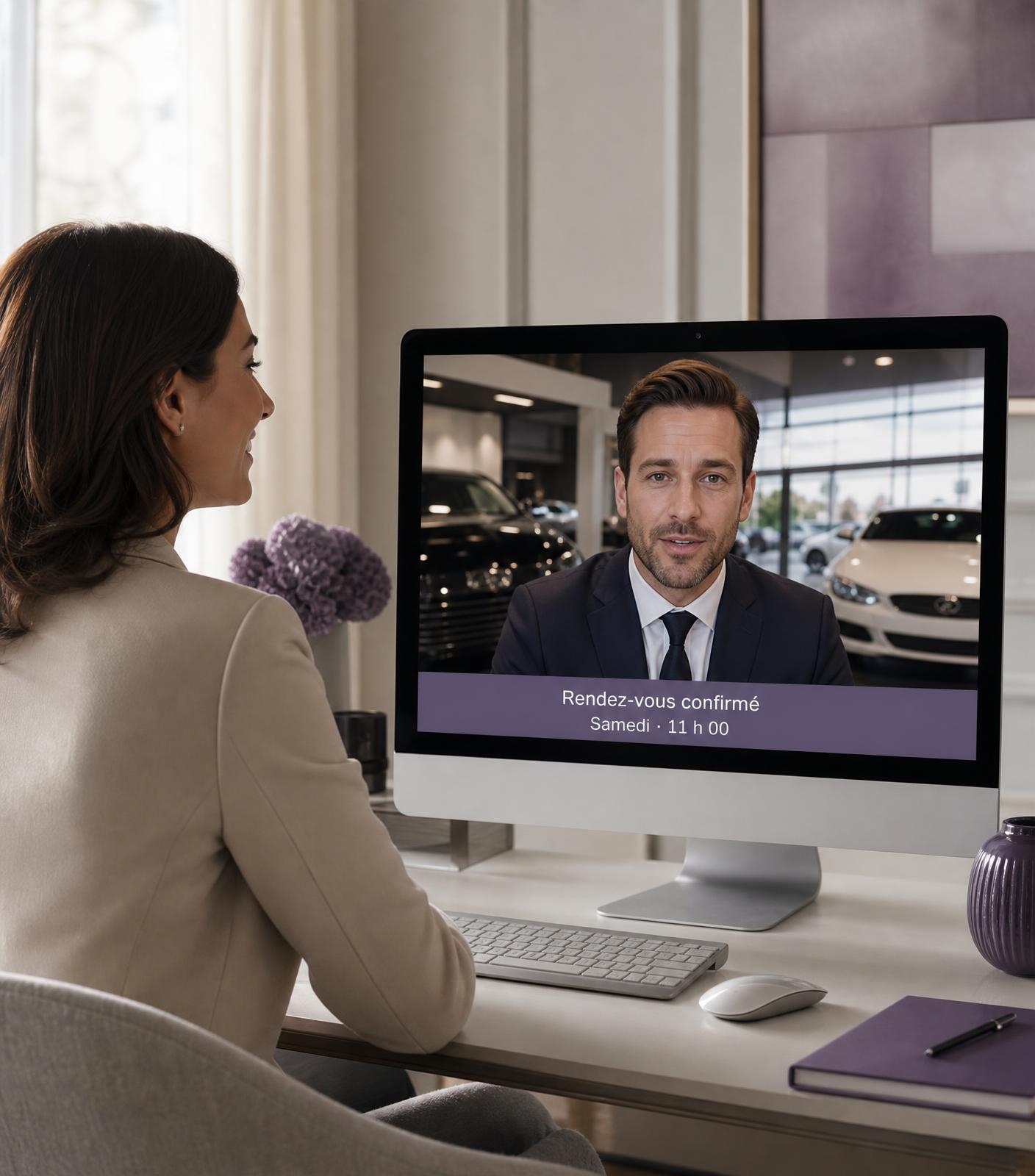 Cliente en visioconférence avec l'avatar AutoAgent IA qui confirme son rendez-vous d'essai